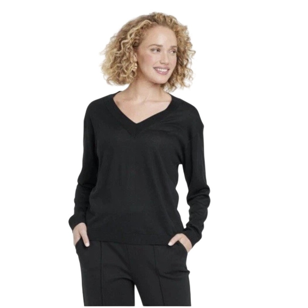 A New Day Women's Black V Neck Long Sleeve Pullover Sweater‎ Size XXL